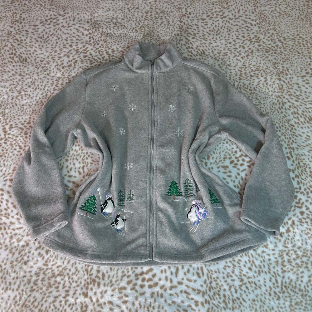Ladies Club Zip-Up Fleece Jacket Gray Embroidered Skiing Penguins